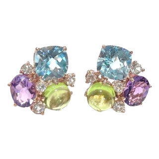 Bochic “Orient” Peridot, Amethyst & Topaz Earrings Set In 18K Gold & Silver For Sale
