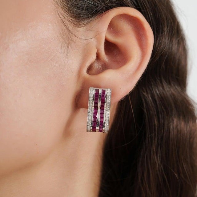 Contemporary Geometric Ruby & Diamond Hoop Earrings in 925 Sterling Silver, A Pair For Sale - Image 4 of 14