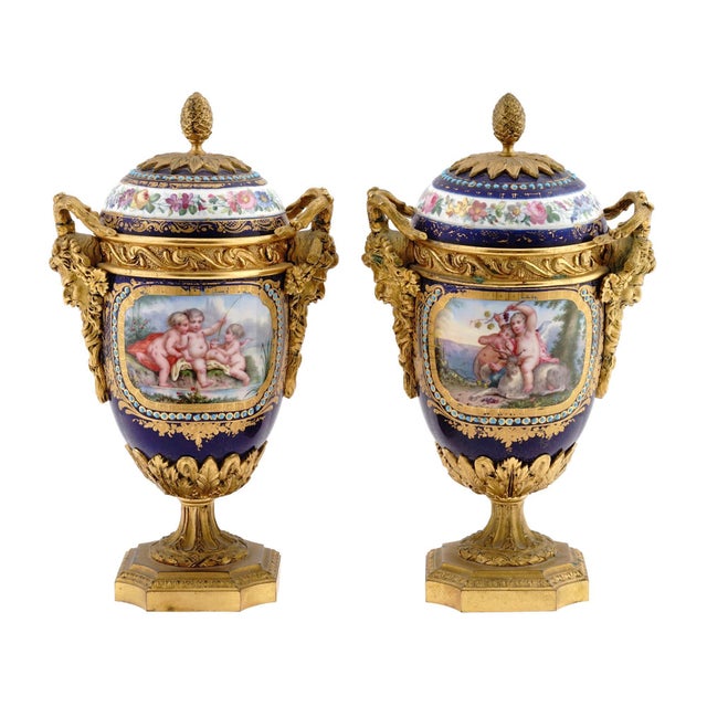 Blue 1880s Sevres Style Rococo Blue Porcelain Urns-Pair For Sale - Image 8 of 10