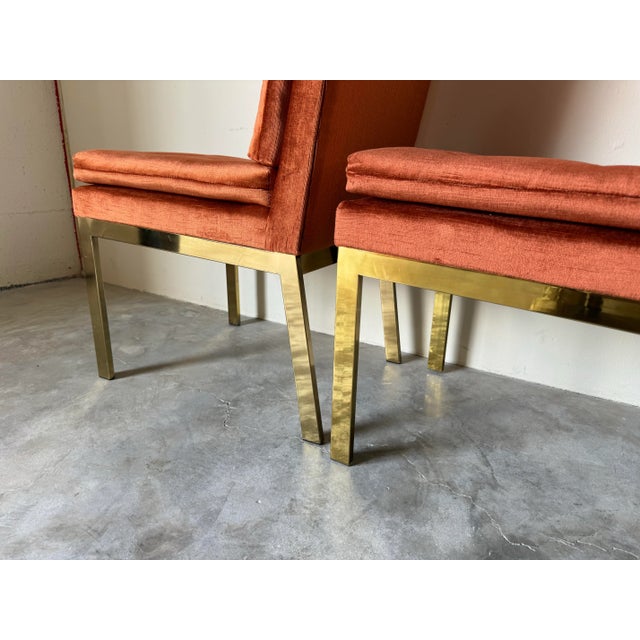 Set of Four Mid- Century Brass & Orange Velvet Chenille Dining Chairs by Milo Baughman for Dia For Sale - Image 9 of 12