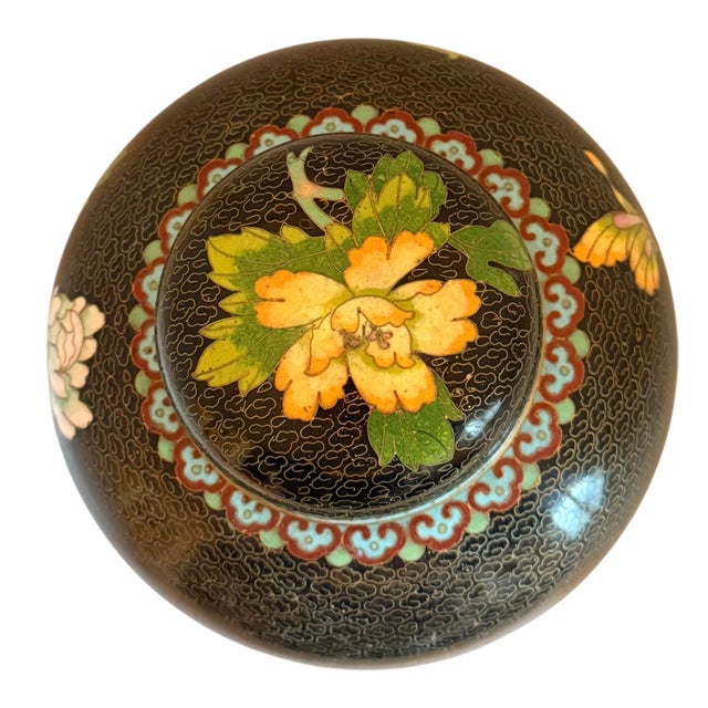 Mid 20th Century Chinese Black Cloissone 8” Lidded Ginger Jar With Colorful Peony Motif For Sale In Washington DC - Image 6 of 12
