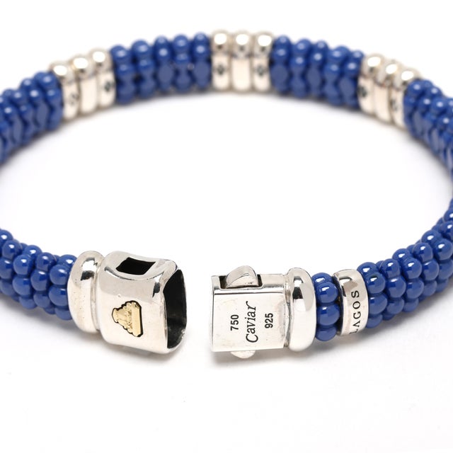 Early 21st Century Caviar Lagos .28ctw Diamond &Blue Bead Bracelet, Sterling Silver 14k Yellow Gold For Sale - Image 5 of 7