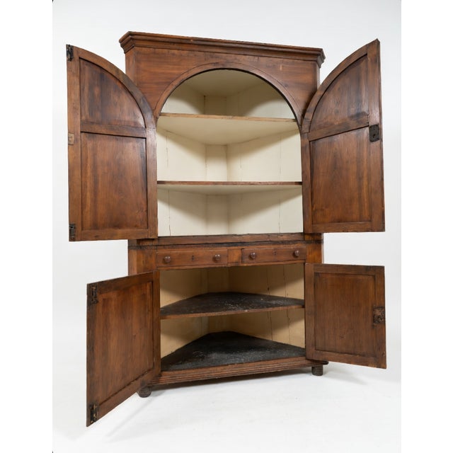 Mid-Century Modern Vintage Mahogany Corner Cabinet With Arched Doors, Three Drawers & Corner Shelving For Sale - Image 3 of 3