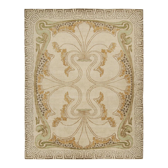Rug & Kilim’s French Style Art Deco rug in Cream & Gold Geometric Patterns - 12x15 For Sale
