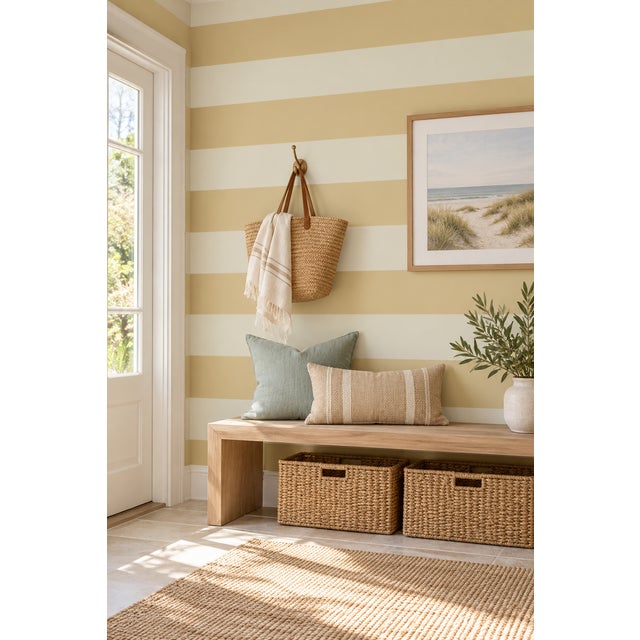 Modern Clubhouse Stripe Grasscloth Wallpaper by House Party | Neutral Rattan & Vanilla Cream | 8 Yards For Sale - Image 3 of 13