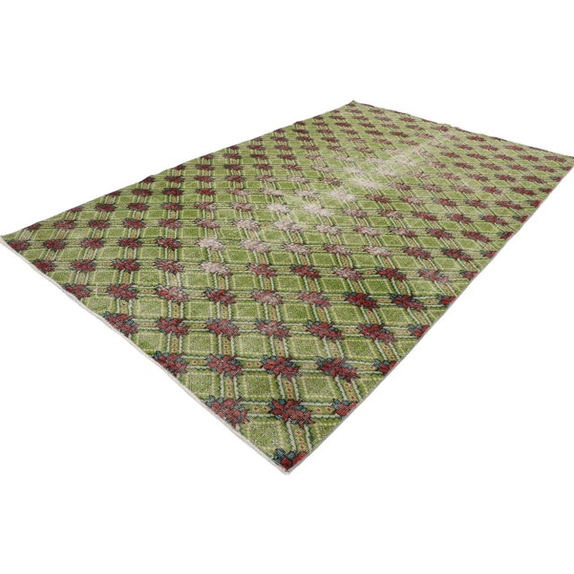 53314 Vintage Turkish Sivas Rug, 05'07 x 08'11. This hand-knotted wool distressed vintage Turkish Sivas rug features an...