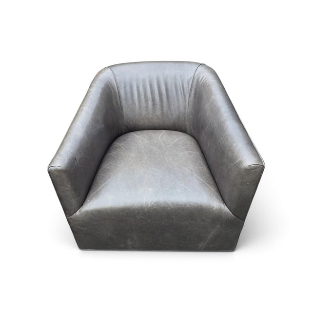 Restoration Hardware Pair of Restoration Hardware 1950s Italian Shelter Charcoal Gray Distressed Leather Swivel Club Chairs For Sale - Image 4 of 13