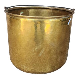 Vintage Large Hammered Brass With Iron Swing Handle Bucket For Sale