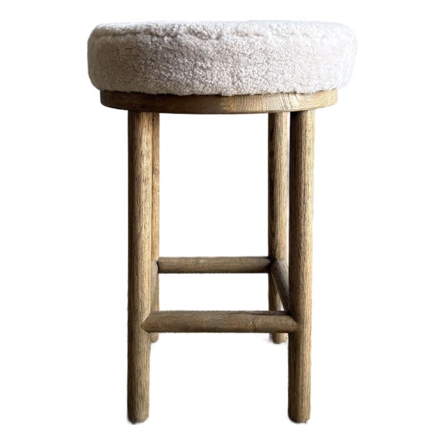 Brock Counter Stool in White Oak and 100% Genuine Shearling in Natural For Sale