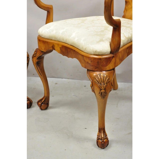 Vintage Queen Anne Style Italian Burl Wood Marquetry Inlay Arm Chairs - A Pair For Sale - Image 4 of 12