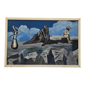 Vintage Original Surrealist Painting on Canvas in the Manner of Salvador Dalí