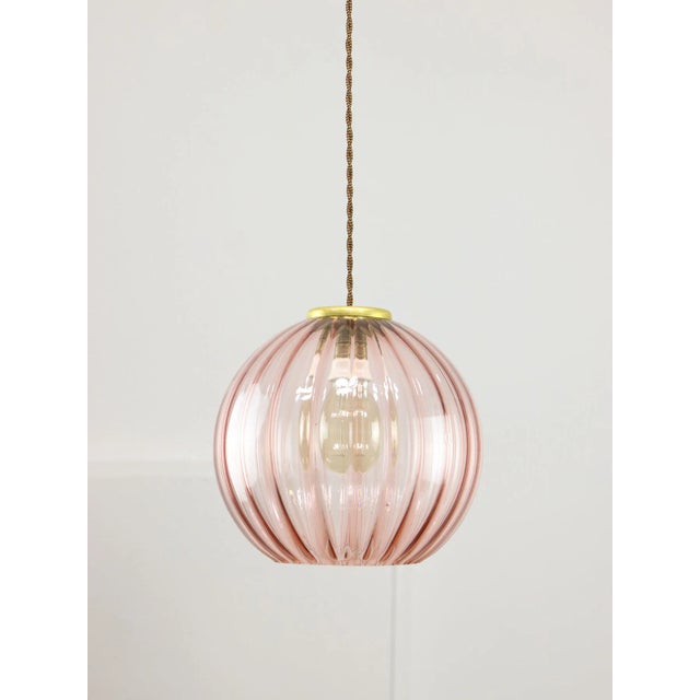 Mid-Century Italian Pink Glass and Brass Pendant Lamp For Sale - Image 11 of 12