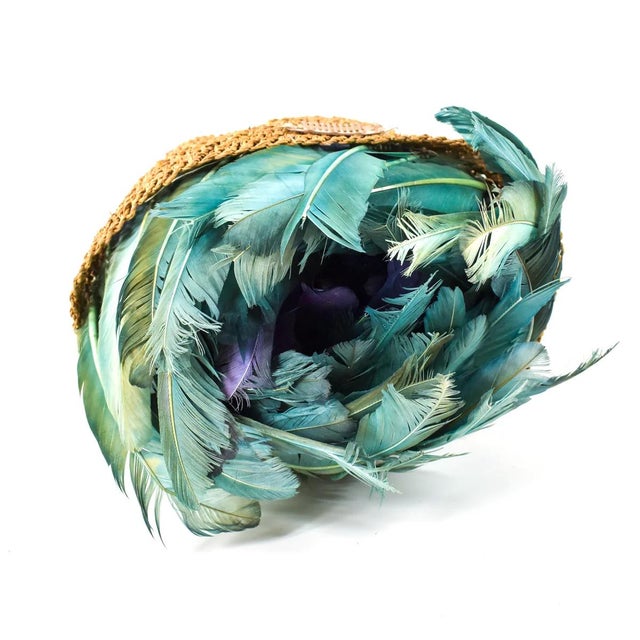 African Early 20th Century Bamileke Juju Feather Headdress On Woven Basketry Cameroon For Sale - Image 3 of 8