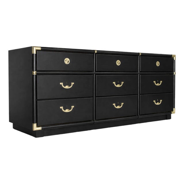 Late 20th Century Drexel Accolade 9-Drawer Dresser – Black & Brass – Mid Century Modern For Sale
