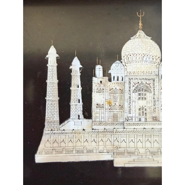 Indian Vintage Inlaid Mother of Pearl Taj Mahal Plaque Wall Art, Deep Wood Frame 5.5x7” For Sale - Image 3 of 7