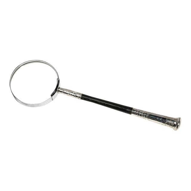 Luxury Antique Sterling Silver & Ebonized Wood Magnifying Glass Hand Engraved Library Desk Accessory For Sale