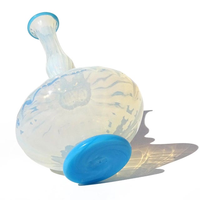 Mid 20th Century Murano Sky Blue Trim White Opalescent Body Italian Art Deco Vintage Glass Pleated Flower Vase For Sale - Image 5 of 7