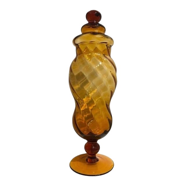Vintage Mid-Century Modern Italian Empoli Blown Glass Apothecary Jar Amber, Italy For Sale