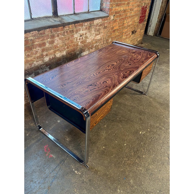 Mid-Century Modern 1970s Refinished Zebrawood Chrome Tubular Desk Attributed to Peter Protzman for Herman Miller For Sale - Image 3 of 13