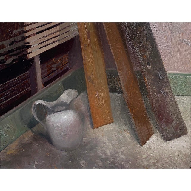 Pitcher by Brad Davis | Oil on Panel Still Life of a White Pitcher and Wooden Planks For Sale