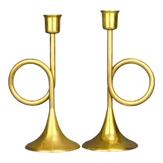 Vintage Solid Brass French Trumpet Horn Candlestick Holders - Set of 2 For Sale