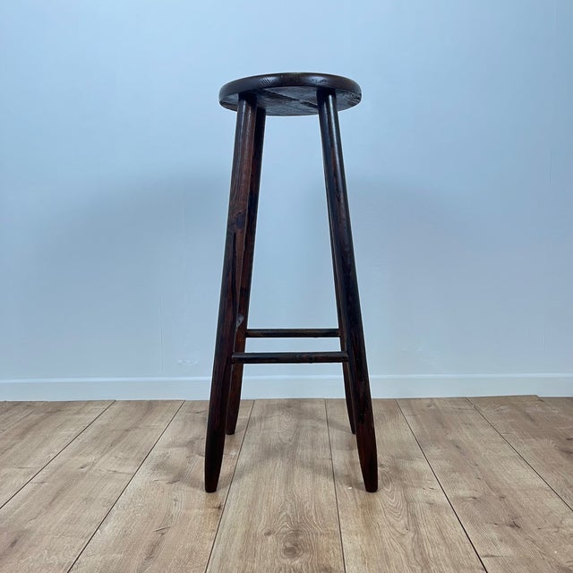 Mid-Century Modern Brutalist French Bar Stool in Stained Oak, 1950s For Sale - Image 3 of 11