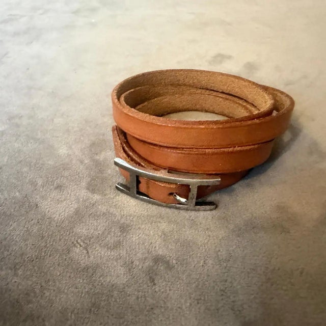 1990s 1991 Triple Wrap Brown Leather Silver Tone Bracelet by Hermes For Sale - Image 5 of 11