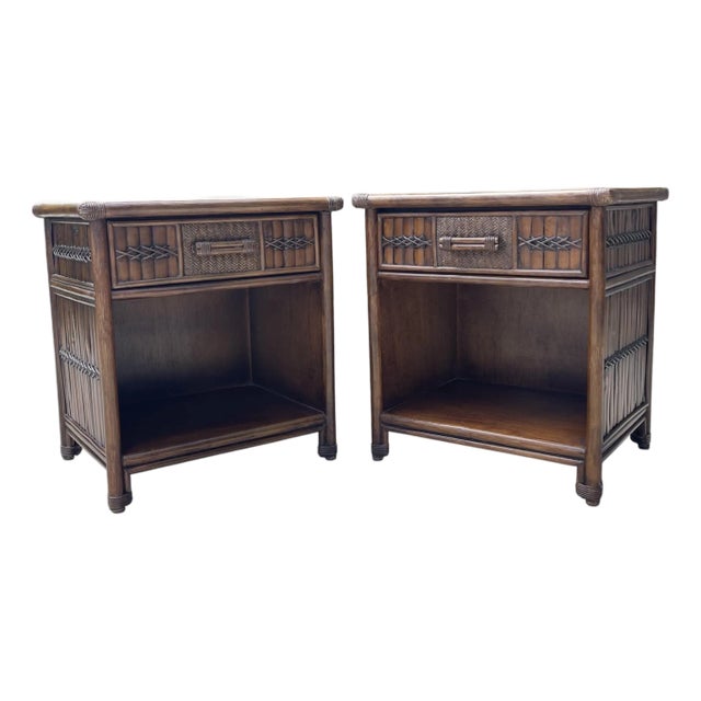 Vintage Coastal Rattan & Carved Wood Nightstands With Glass Tops – Pair For Sale