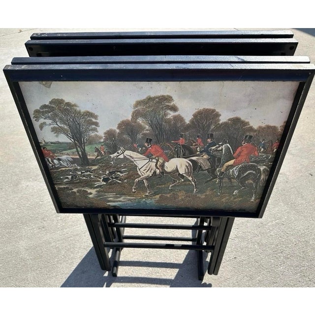 Vintage Mid 20th Century English Hunting Scene Folding Snack Trays With Stand- Set of 4 For Sale - Image 4 of 12