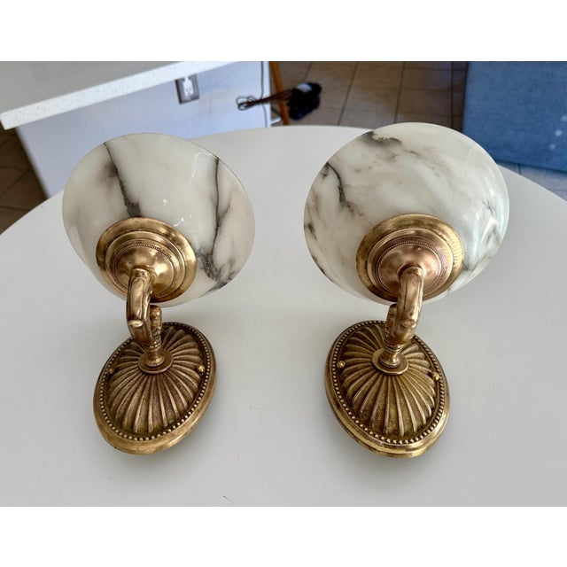 Pair Brass Alabaster Sunburst Wall Sconces For Sale - Image 4 of 18