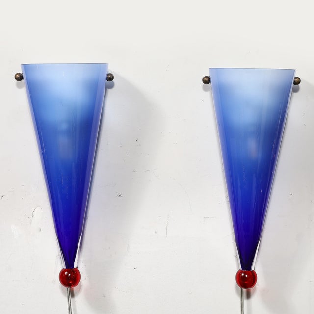 Mid-Century Hand-Blown Periwinkle Murano Glass Conical Sconces Signed Cenedese For Sale - Image 9 of 16