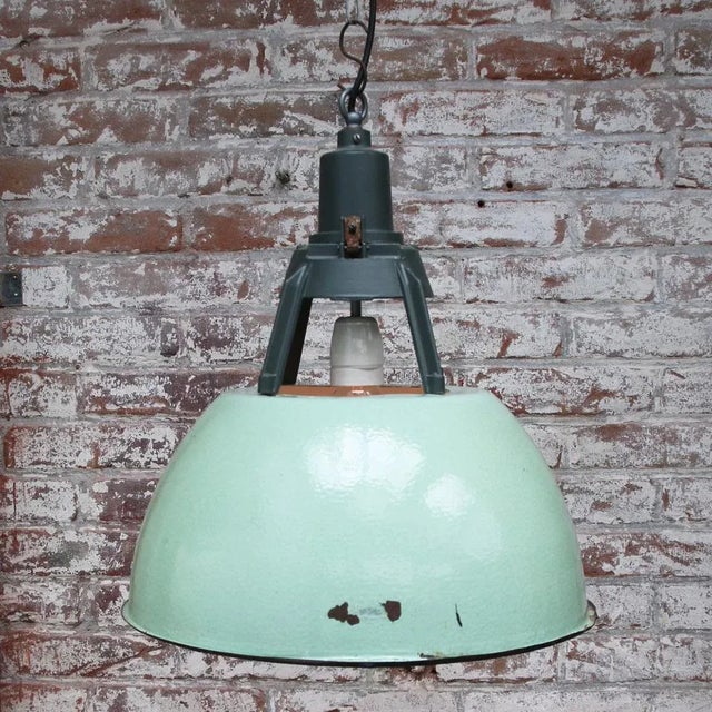 Vintage Industrial Green Enamel Pendant Light For Sale - Image 4 of 5