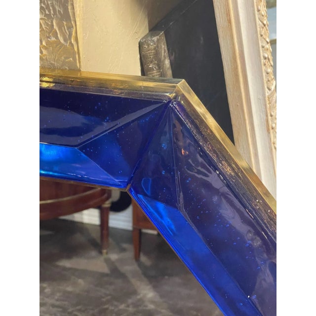 Modern Heavy Cobalt Blue Murano Glass and Brass Octagonal Mirror For Sale - Image 4 of 8