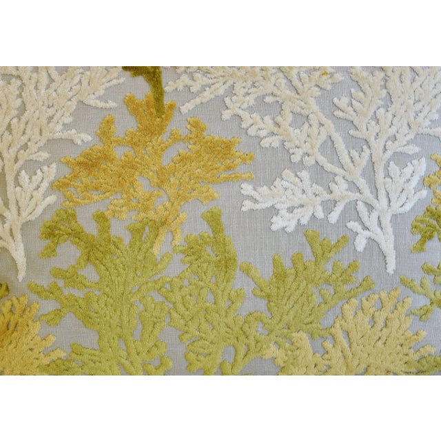 Custom-tailored pillow in cut-velvet fabric with a nautical coastal coral reef design. Same fabric on the reverse. Zipper...