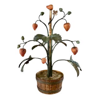 Vintage Italian Tole Peinte Potted Strawberry Plant Sculpture / Toleware Floral / Flower Arrangement, Made in Italy For Sale