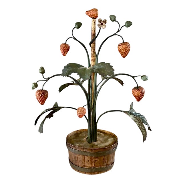 Vintage Italian Tole Peinte Potted Strawberry Plant Sculpture / Toleware Floral / Flower Arrangement, Made in Italy For Sale
