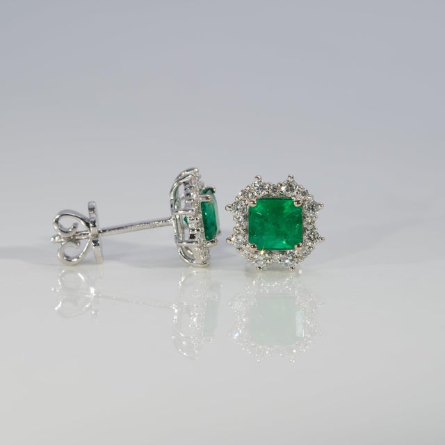 2020s Colombian Emerald Earrings With Earth-Mined Diamond Accents: Solid 14k Gold, 5mm For Sale - Image 5 of 7