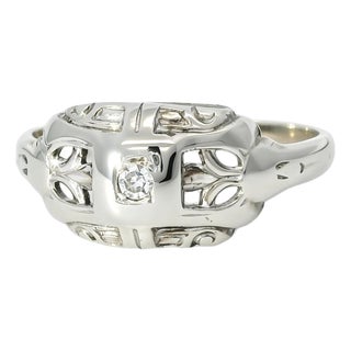 Mid 20th Century 14k White Gold Filigree Diamond Pinky Ring Band, Size 6.5 For Sale
