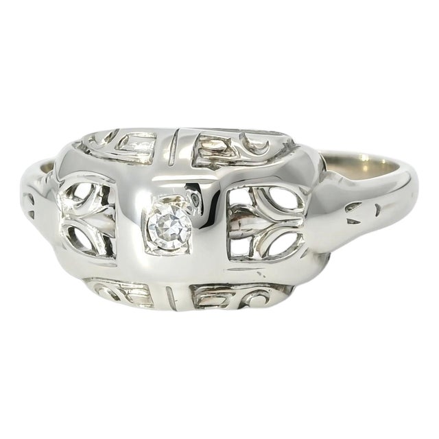 Mid 20th Century 14k White Gold Filigree Diamond Pinky Ring Band, Size 6.5 For Sale