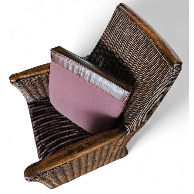 Rattan Armchair with Wooden Armrests and Leather Seat, 1960s For Sale - Image 4 of 16