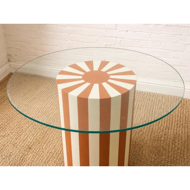 Mid 20th Century Postmodern Orange and Cream Striped Pedestal Dining Table With Glass Top For Sale - Image 9 of 9