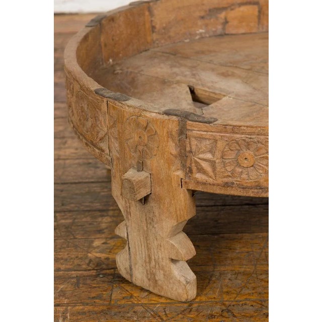 Wood Indian 1920s Teak Chakki Grinding Table with Hand-Carved Geometric Décor For Sale - Image 7 of 13