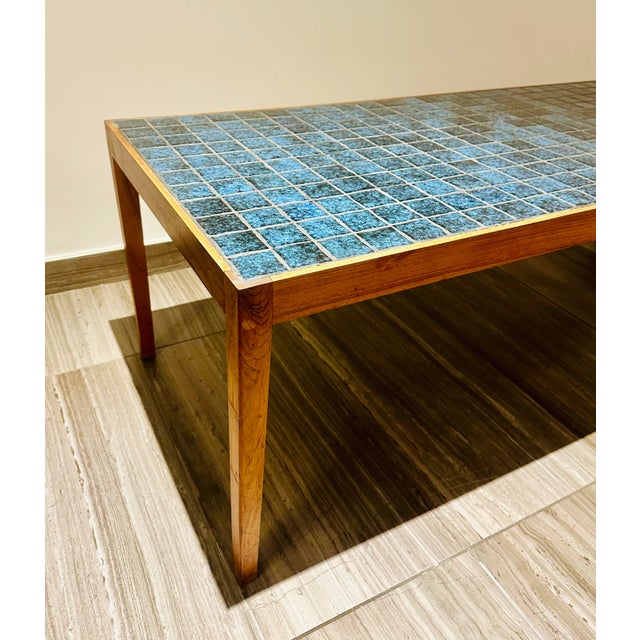 Teal Severin Hansen Rosewood Teal Tile Coffee Table Bench Haslev Mobelfabrik Denmark 1960s For Sale - Image 8 of 9