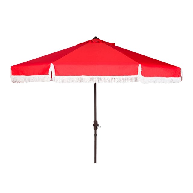 Fringe 9 Ft Crank Outdoor Push Button Tilt Umbrella in Red & White For Sale