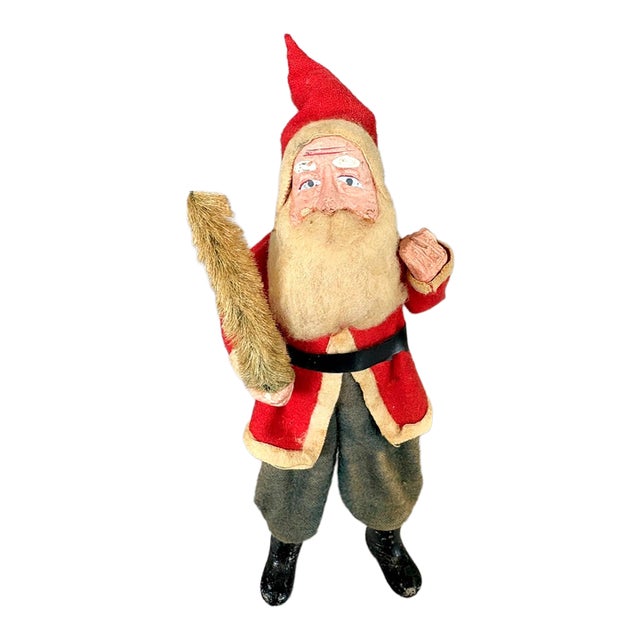 Christmas Antique Japanese Composition Santa Claus With Bottle Brush Tree, Circa 1930s For Sale