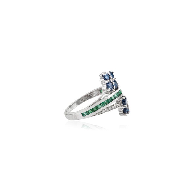 Not Yet Made - Made To Order 925 Silver Emerald, Sapphire & Diamond Double Flower Bypass Designer Anniversary Ring - Size 6.5 For Sale - Image 5 of 11