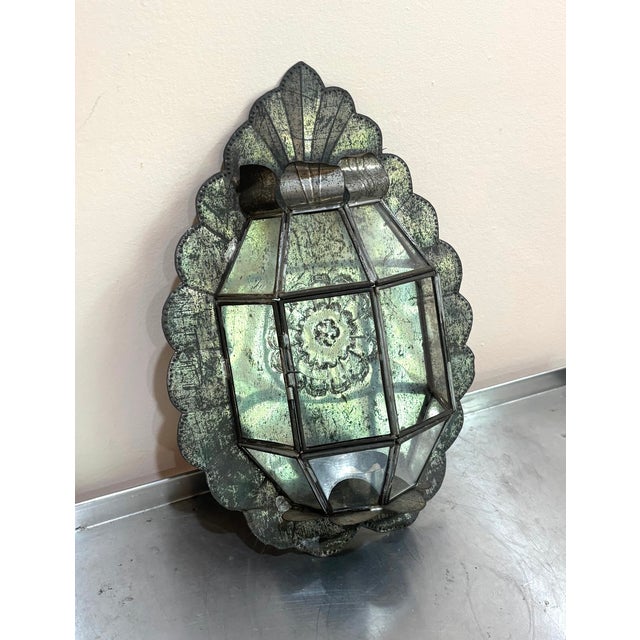 Vintage Moorish-style punched tin & glass Mexican wall candle sconce. Some mild patina to metal throughout as shown....