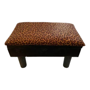 Vintage Black Painted Wood Post Stool With Leopard Print Covered Cushion