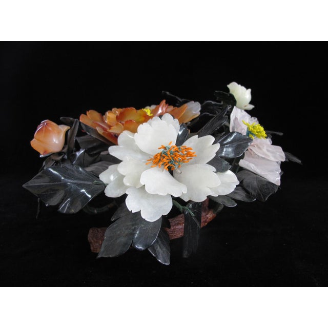 Chinese carved hardstone floral centerpiece. The petals are hand-carved from various hardstones, such as orange carnelian...
