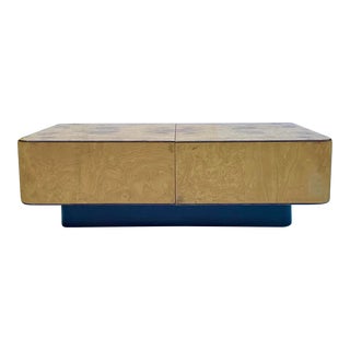 1970s Modern Burl Floating Coffee Table With Storage Styled After Milo Baughman For Sale